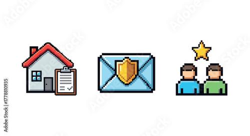 Pixel art icons of house with checklist, secure email, and customer review with star rating
