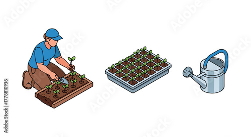 Gardening essentials isometric planting, seedling tray, watering can
