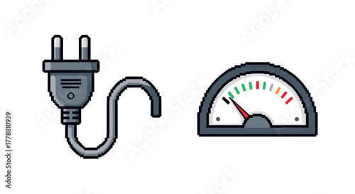 Pixel art plug and energy gauge with colorful meter