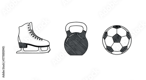 Hand drawn sports equipment ice skate, kettlebell, and soccer ball