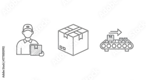Minimalist line art delivery concept with worker, package, and conveyor