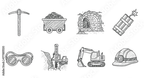 Hand drawn mining tools and equipment set for industrial projects