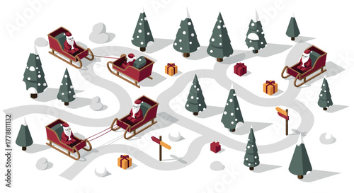 Isometric santa claus sleighs in snowy forest with pine trees and gifts