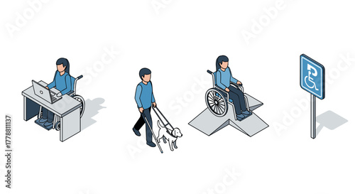 Inclusive workplace and accessibility isometric design featuring diverse abilities