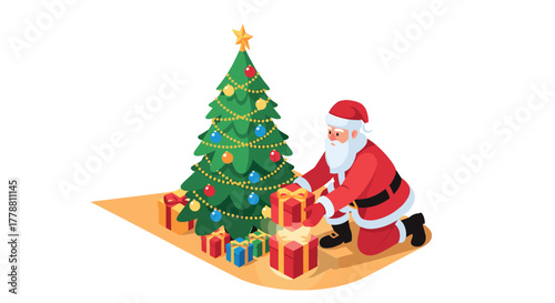 Santa claus placing gifts under decorated christmas tree with star topper