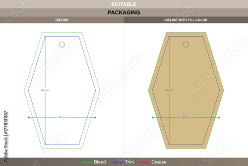 Custom dimensions hexagonal hang tags dieline shaped through vector control refining printing sharpness packaging form die line pattern builds even six-sided geometric tag