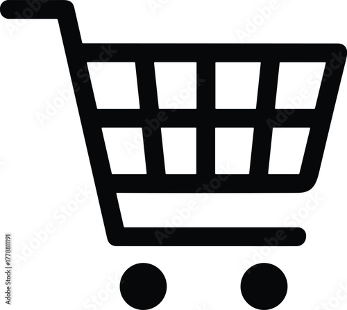 Shopping cart vector illustration in black and white symbolizing e‑commerce, retail, online shopping, store, purchase, basket, consumer, business