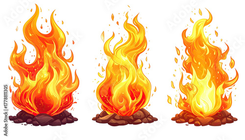 Three cartoonish bright orange fire sprites over dark ground