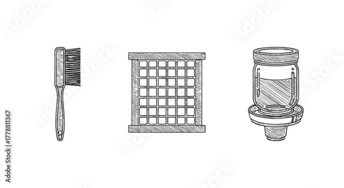 Sketch style hairbrush, door, and light bulb icons for home design inspiration