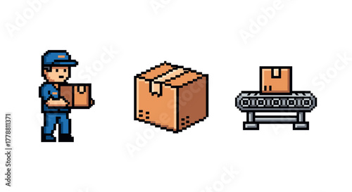 Pixel art delivery theme with courier and package on conveyor