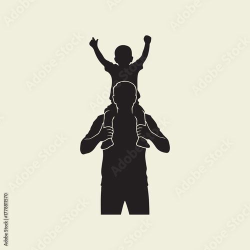 Father carrying son on shoulders silhouette Keywords: father, son, carrying, shoulders