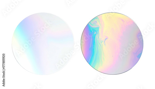 Two iridescent circles, one smooth, one swirled on black