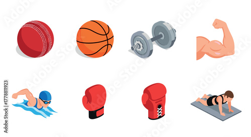 Isometric sports icons fitness, strength, and athletic equipment design