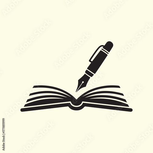 Fountain pen writing in open book silhouette Keywords: writing, book, pen, fountain pen