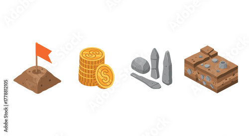 Isometric mining icons flag, coins, minerals, and ore block