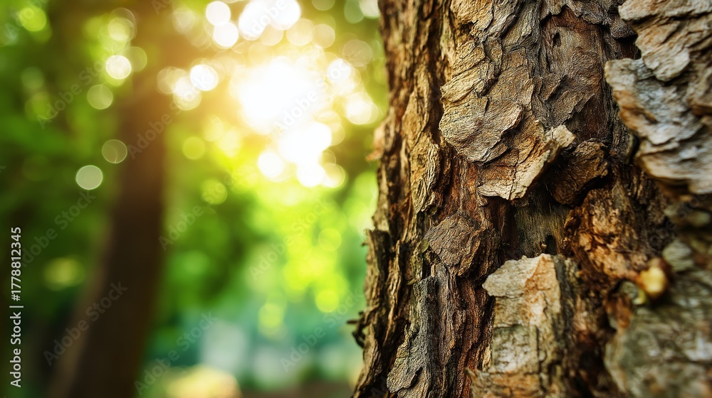 Fototapeta premium Tree bark texture with sun illuminating forest background