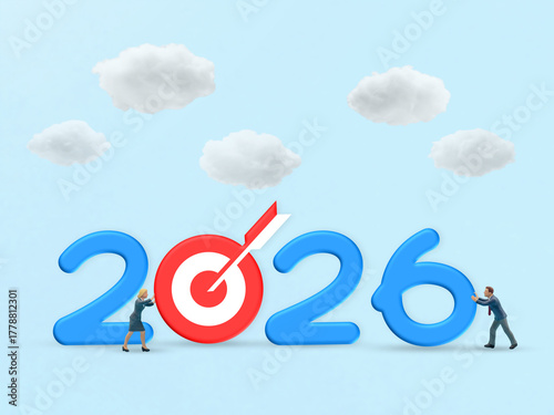 Pushing Toward Shared Goals in 2026 with Team Effort, Miniature people push 2026 digits toward target in sky of ambition
