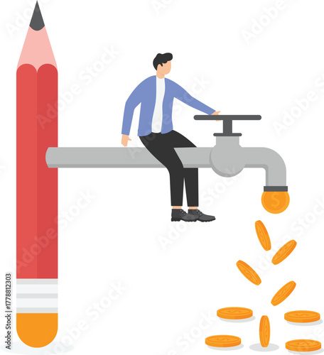 Businessman enjoy with dollar coins coming out of pencil money pipe.
