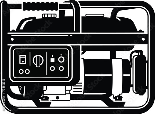 Portable generator backup power equipment and electrical energy source vector illustration silhouette icon. 