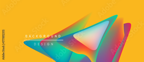 Abstract colorful shapes overlap yellow backdrop. Modern design elements create vibrant visual impact. Smooth gradients enhance composition.