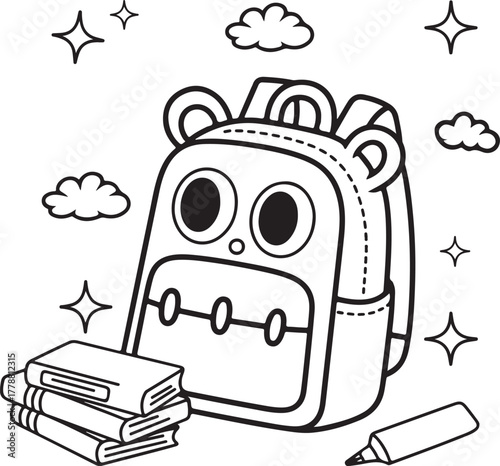 Cute Bear Backpack with Books and Clouds - Kids School Illustration.