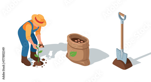 Isometric farming scene with gardener planting tree next to soil bag and shovel