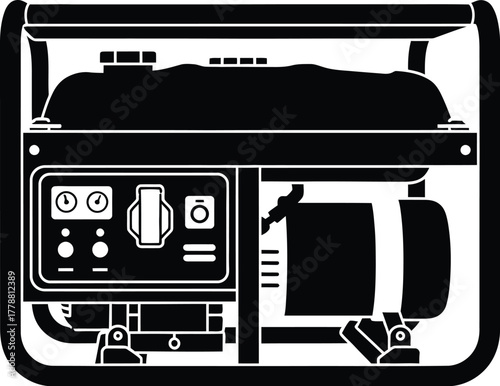 Portable generator backup power equipment and electrical energy source vector illustration silhouette icon. 