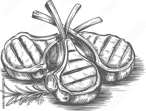 Hand-Drawn Illustration of Grilled Lamb Chops – Delicious Meat Dish Sketch