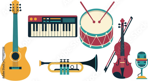 Guitar, keyboard, trumpet, drum, violin, and microphone musical instruments collection  colorful vector illustration silhouette icons