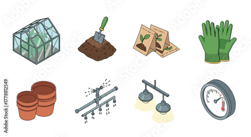 Garden tools and equipment set isometric style collection of icons