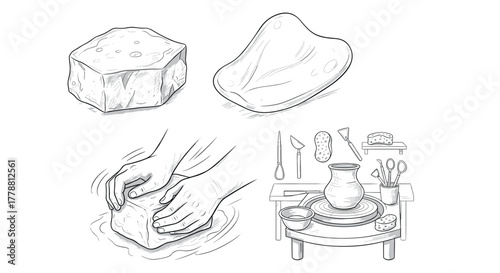 Artistic pottery creation sketch tools, techniques, and clay shaping