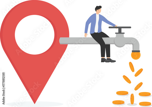 Businessman enjoy with dollar coins coming out of location money pipe.
