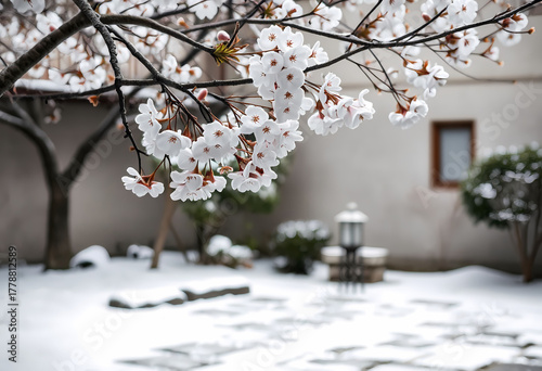 Sakura blossoms on tree branch in snowy garden