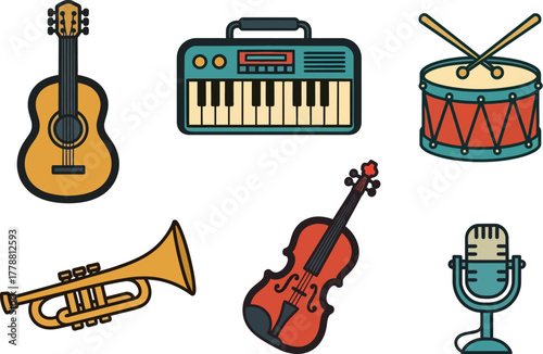 Guitar, keyboard, trumpet, drum, and microphone musical instruments collection colorful vector illustration silhouette icons