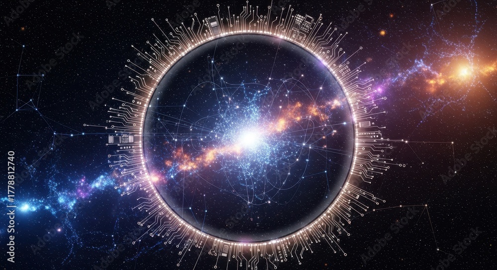 Obraz premium Abstract universe with glowing planet and exploding light in space