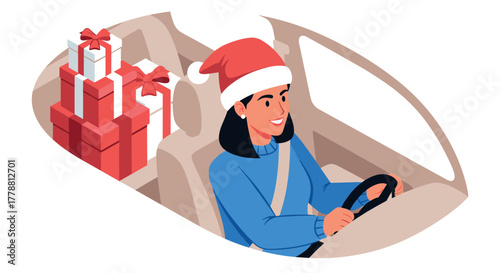 Festive woman driving with holiday gifts cheerful christmas journey in cartoon style