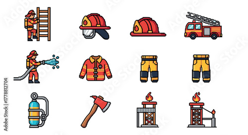 Pixel art firefighter icons equipment and gear in retro style