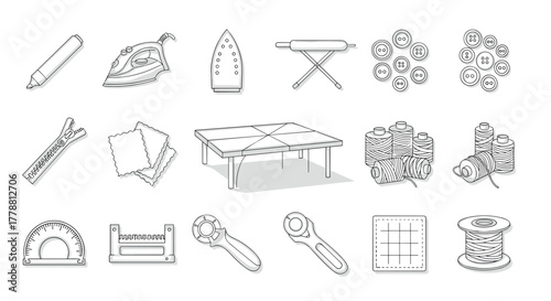 Sewing tools collection linear icons of iron, fabric, buttons, and accessories