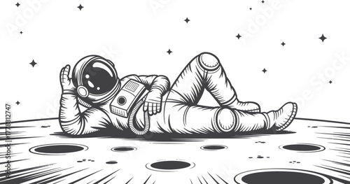 Hand-Drawn Astronaut Relaxing on the Moon – Space Exploration Concept