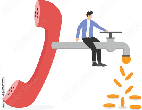 Businessman enjoy with dollar coins coming out of call money pipe.
