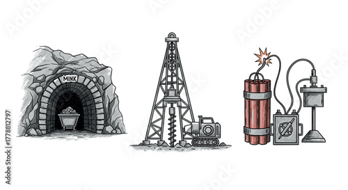 Vintage mining scene with mine entrance, oil rig, and dynamite illustration