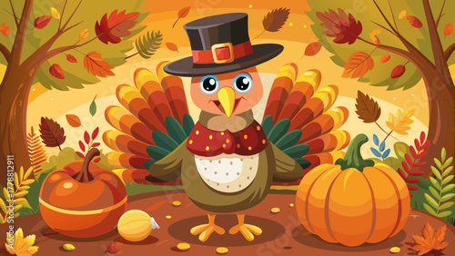Very beautiful cartoon turkey wearing a pilgrim hat, surrounded by pumpkins and fall leaves, cheerful Thanksgiving character design for children’s illustration.