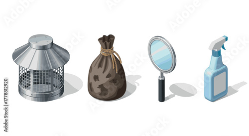 Isometric set metal cage, money bag, magnifying glass, spray bottle on white