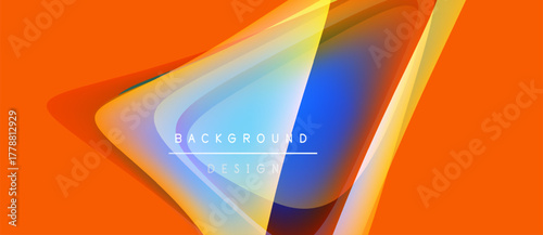 Abstract design features vibrant orange, blue gradients. Shapes overlap creating dynamic visual effect. Text reads background design.