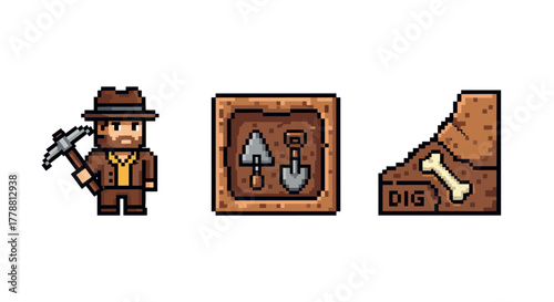 Pixel art archaeologist with tools and dinosaur fossil dig site