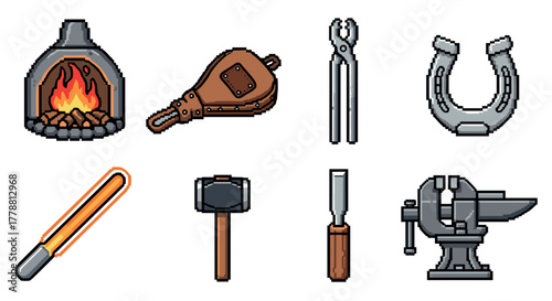 Pixel art blacksmith tools collection with forge and anvil elements