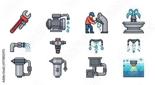 Plumbing and water supply icons set featuring tools, pipes, and systems