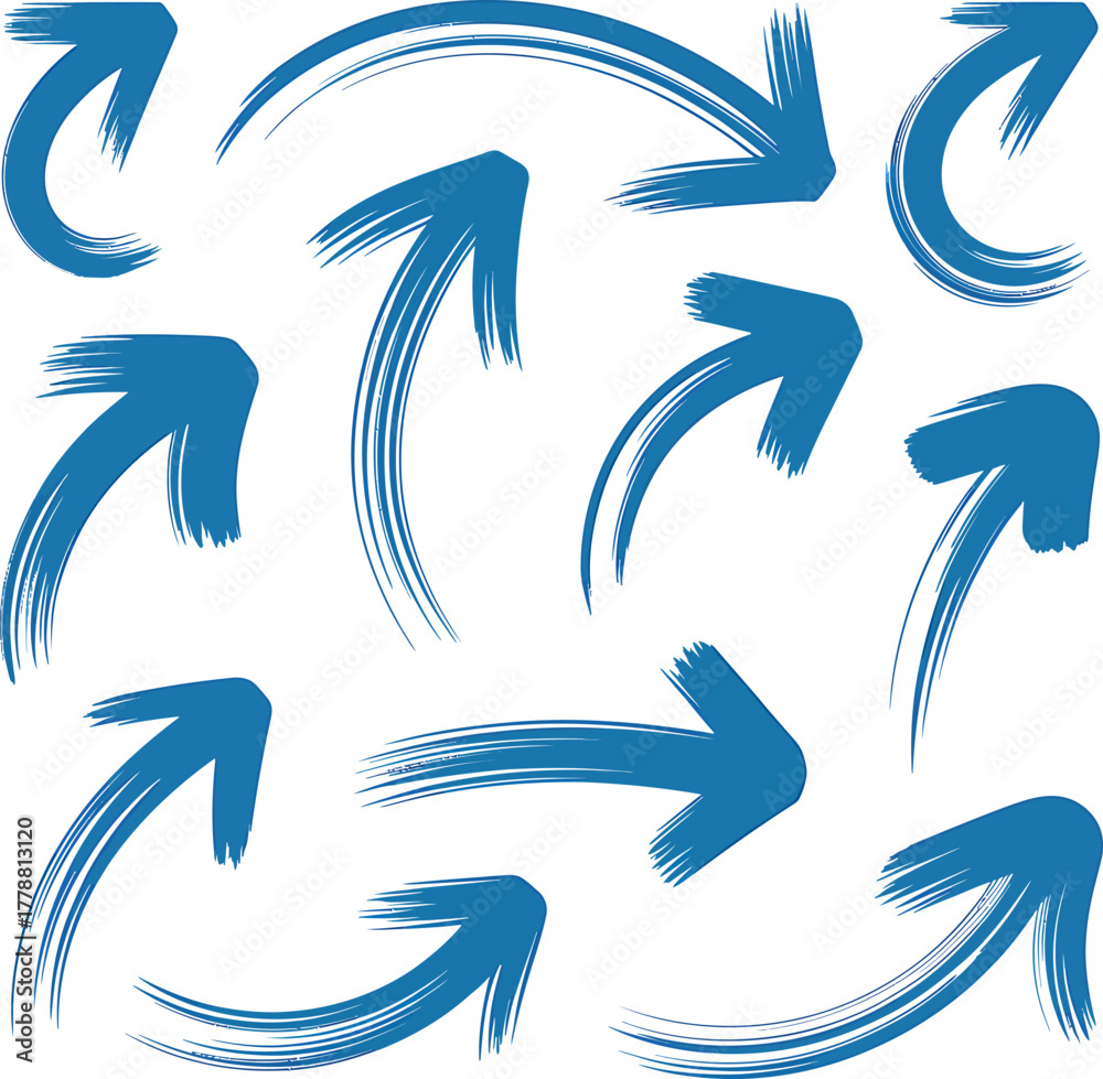 Fototapeta premium Collection of blue hand painted brush stroke arrows pointing in various directions on white background