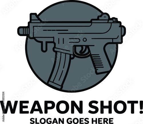Modern submachine gun icon with text placeholder for slogan and weapon shot label