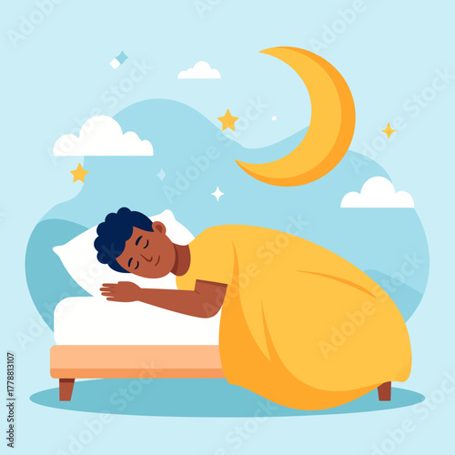 Cartoon Illustration of a Person Sleeping Comfortably in Bed at Night.